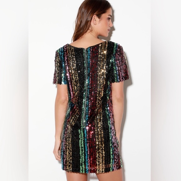 Black Firework Wonders Multi Color Striped Sequin Shift Dress, fully lined, NWT - Picture 2 of 10